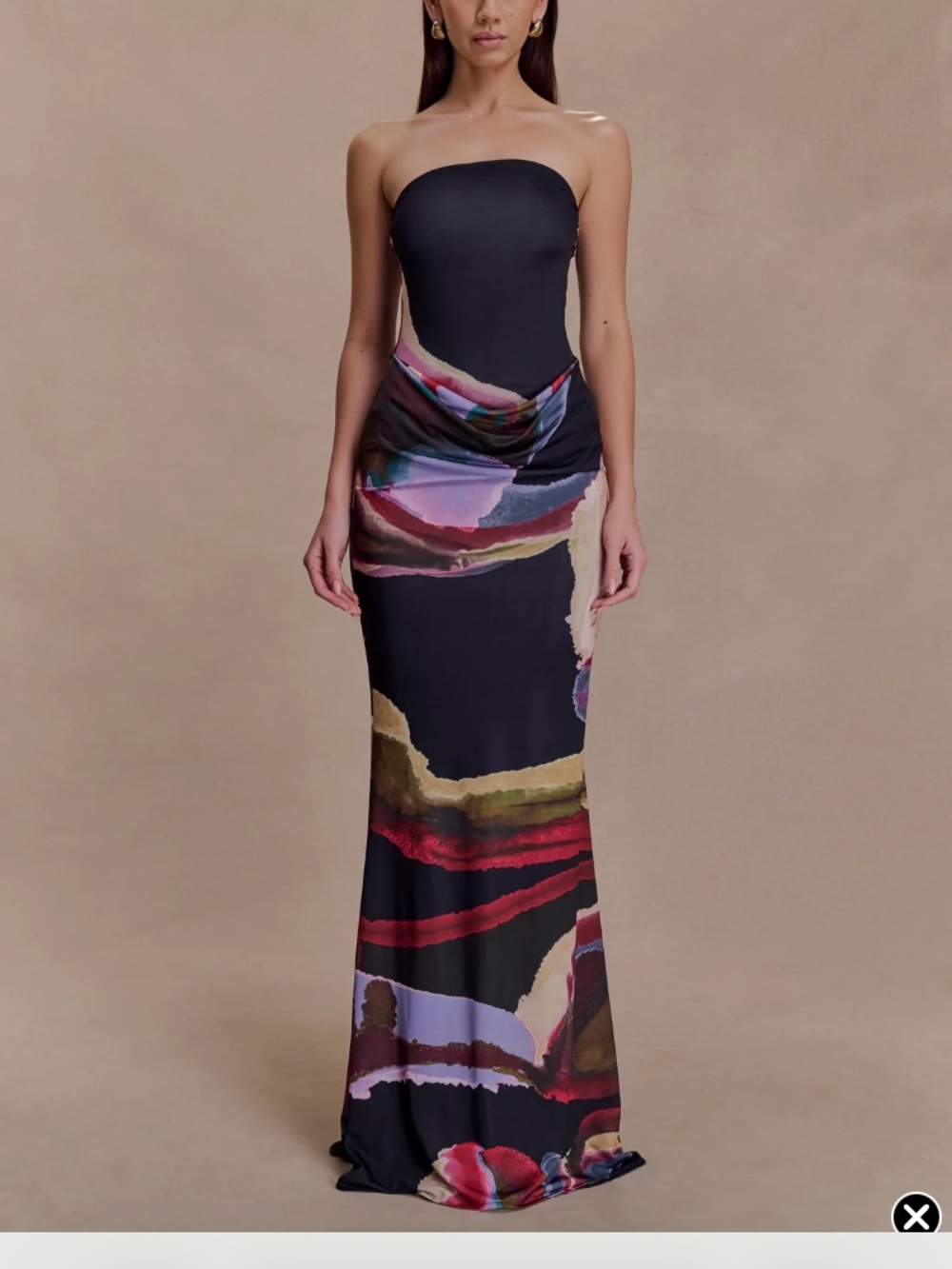 Meshki Strapless Maxi Dress in Black with Multicolor Abstract Print